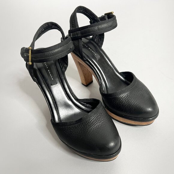 ZARA Size 40 US Size 9 High Wood Heel Platform Mary Jane Black Leather Shoes - Picture 7 of 11